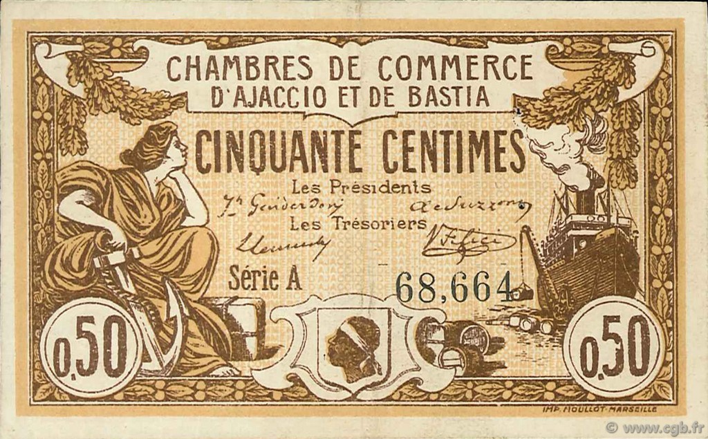 50 Centimes FRANCE regionalism and various Ajaccio et Bastia 1915 JP.003.03 VF - XF