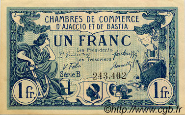1 Franc FRANCE Regionalismus und verschiedenen Ajaccio et Bastia 1917 JP.003.07 fST to ST
