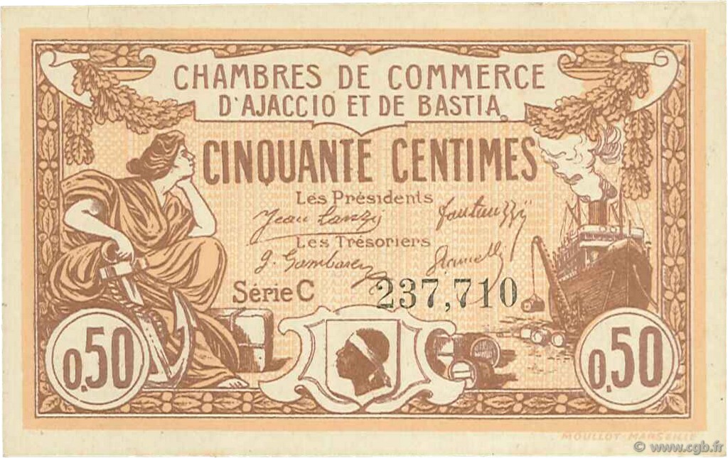 50 Centimes FRANCE regionalism and various Ajaccio et Bastia 1920 JP.003.08 AU+