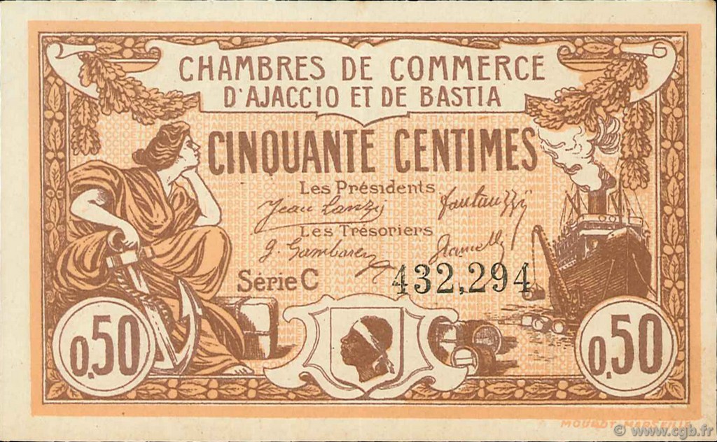 50 Centimes FRANCE regionalismo y varios Ajaccio et Bastia 1920 JP.003.08 MBC a EBC