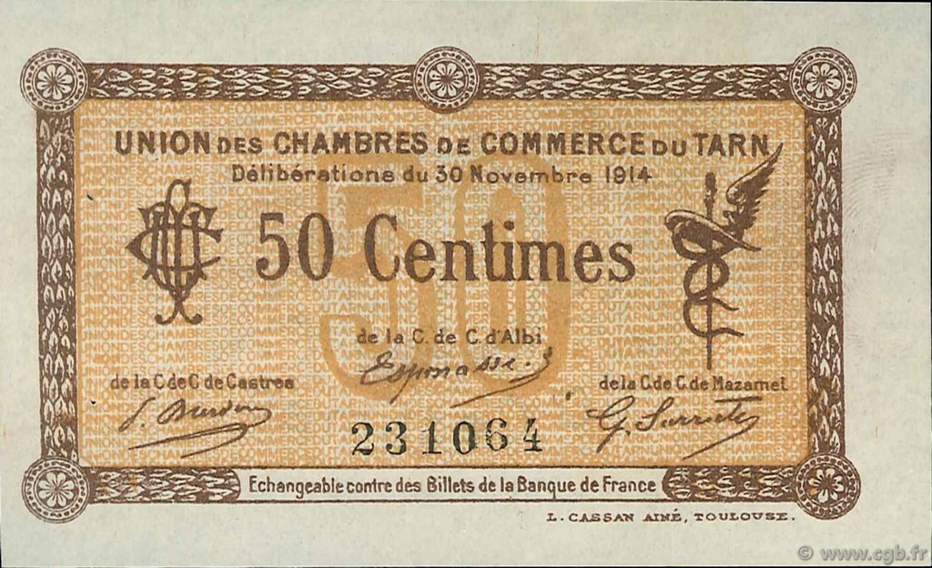50 Centimes FRANCE Regionalismus und verschiedenen Albi - Castres - Mazamet 1914 JP.005.01 fST to ST