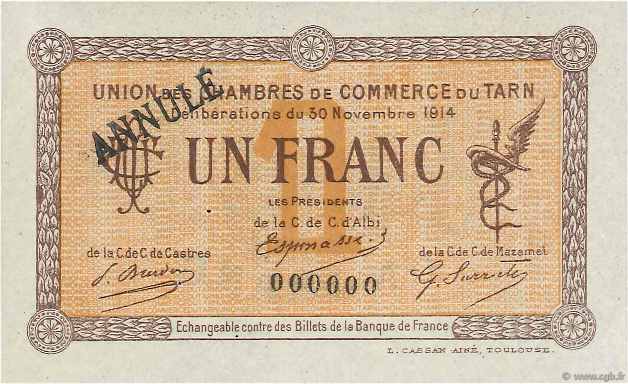 1 Franc Annulé FRANCE Regionalismus und verschiedenen Albi - Castres - Mazamet 1914 JP.005.06 SS to VZ