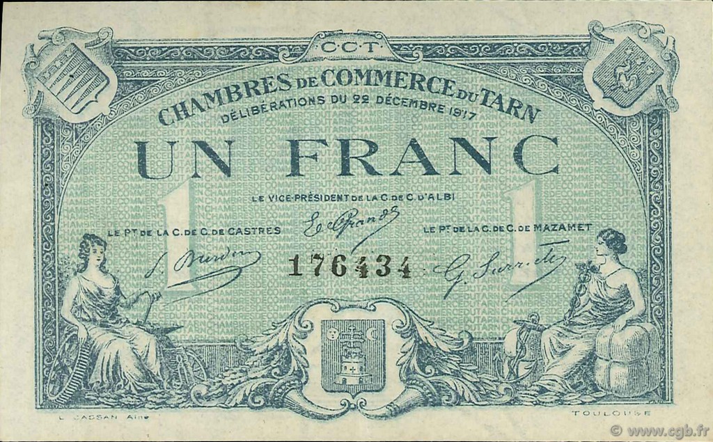 1 Franc FRANCE regionalismo y varios Albi - Castres - Mazamet 1917 JP.005.13 SC a FDC