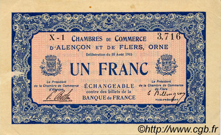 1 Franc FRANCE Regionalismus und verschiedenen Alencon et Flers 1915 JP.006.04 SS to VZ