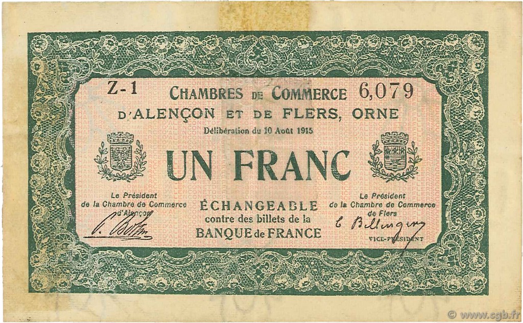1 Franc FRANCE Regionalismus und verschiedenen Alencon et Flers 1915 JP.006.10 S