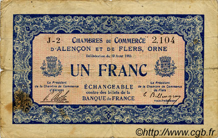 1 Franc FRANCE regionalism and various Alencon et Flers 1915 JP.006.15 F