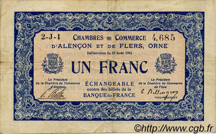 1 Franc FRANCE Regionalismus und verschiedenen Alencon et Flers 1915 JP.006.17 S