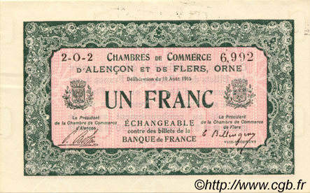 1 Franc FRANCE Regionalismus und verschiedenen Alencon et Flers 1915 JP.006.22 fST to ST