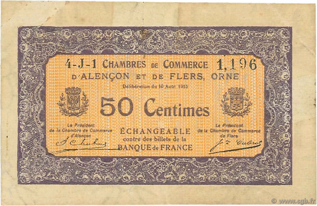 50 Centimes FRANCE regionalism and miscellaneous Alencon et Flers 1915 JP.006.37 F