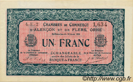 1 Franc FRANCE regionalismo e varie Alencon et Flers 1915 JP.006.40 AU a FDC