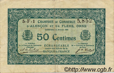 50 Centimes FRANCE Regionalismus und verschiedenen Alencon et Flers 1915 JP.006.43 SS to VZ