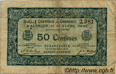 50 Centimes FRANCE regionalism and miscellaneous Alencon et Flers 1915 JP.006.43 F
