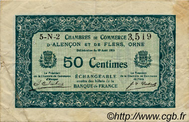 50 Centimes FRANCE regionalism and various Alencon et Flers 1915 JP.006.47 F