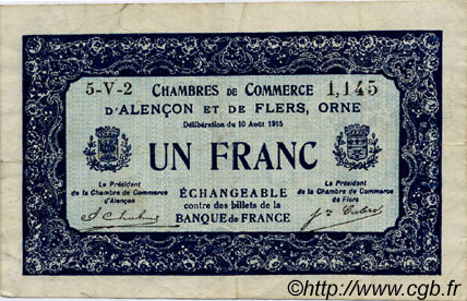 1 Franc FRANCE Regionalismus und verschiedenen Alencon et Flers 1915 JP.006.48 SS to VZ
