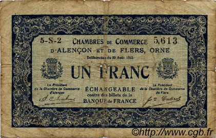 1 Franc FRANCE Regionalismus und verschiedenen Alencon et Flers 1915 JP.006.48 S