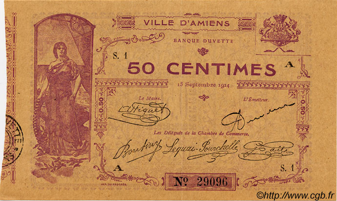 50 Centimes FRANCE regionalismo e varie Amiens 1914 JP.007.01 BB to SPL