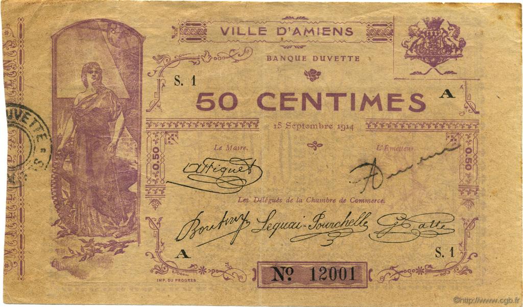 50 Centimes FRANCE Regionalismus und verschiedenen Amiens 1914 JP.007.01 S