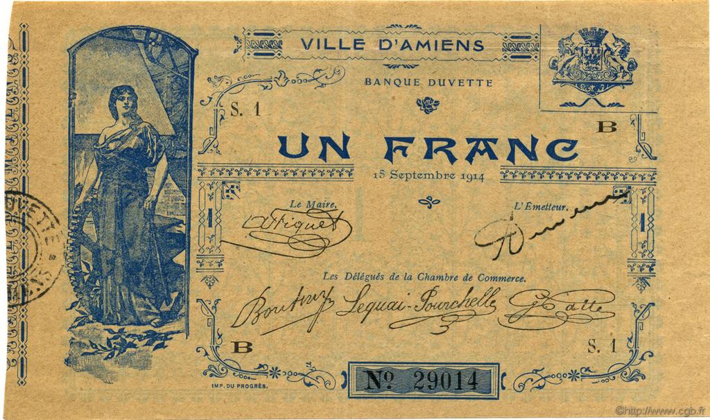 1 Franc FRANCE regionalismo y varios Amiens 1914 JP.007.02 SC a FDC