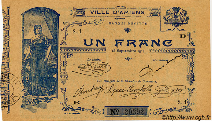 1 Franc FRANCE Regionalismus und verschiedenen Amiens 1914 JP.007.02 SS to VZ