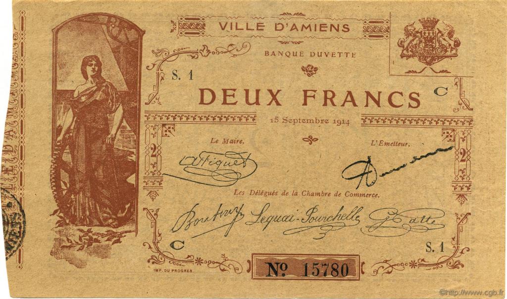 2 Francs FRANCE regionalismo e varie Amiens 1914 JP.007.03 AU a FDC