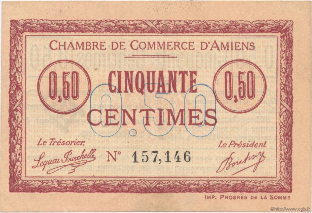 50 Centimes FRANCE regionalism and various Amiens 1915 JP.007.14 AU+