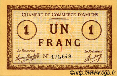 1 Franc FRANCE Regionalismus und verschiedenen Amiens 1915 JP.007.16 SS to VZ