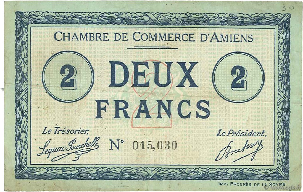 2 Francs FRANCE Regionalismus und verschiedenen Amiens 1915 JP.007.22 S