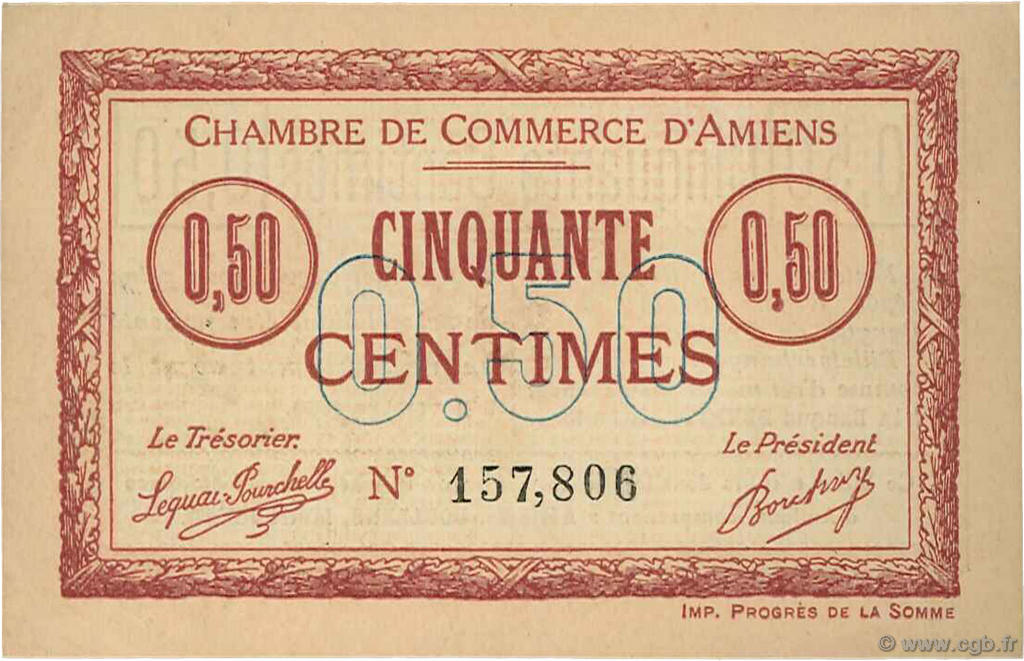 50 Centimes FRANCE Regionalismus und verschiedenen Amiens 1915 JP.007.23 fST to ST