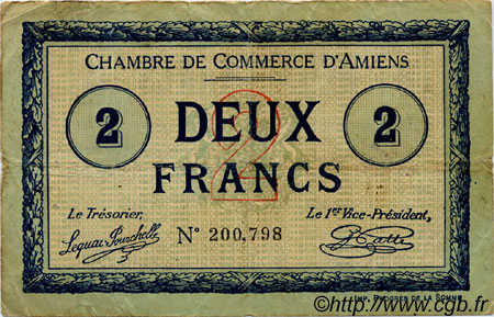2 Francs FRANCE Regionalismus und verschiedenen Amiens 1915 JP.007.25 S