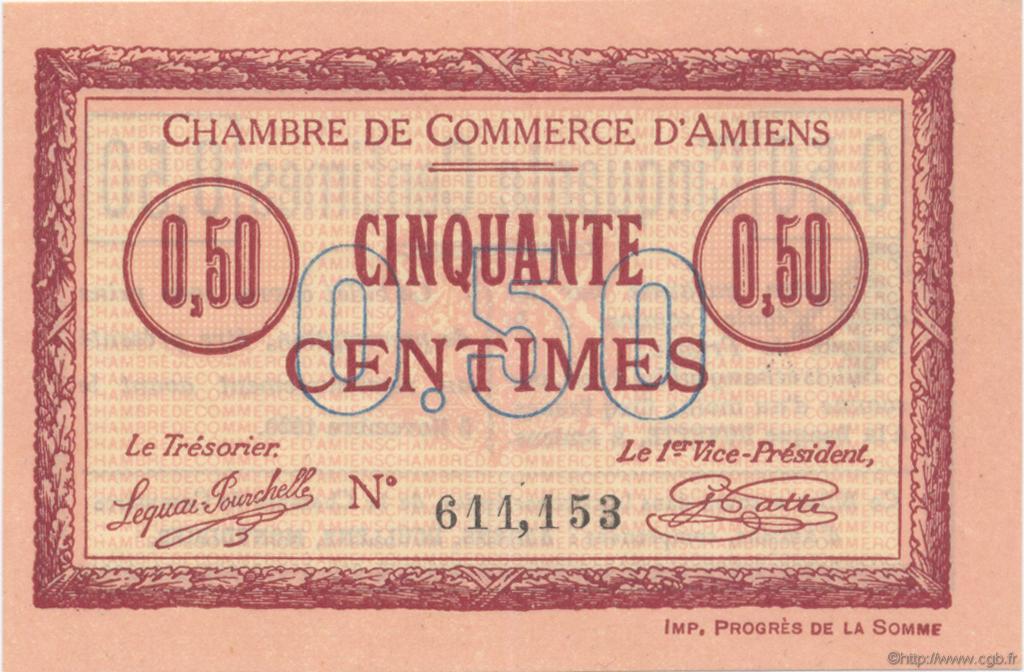 50 Centimes FRANCE Regionalismus und verschiedenen Amiens 1915 JP.007.26 fST to ST