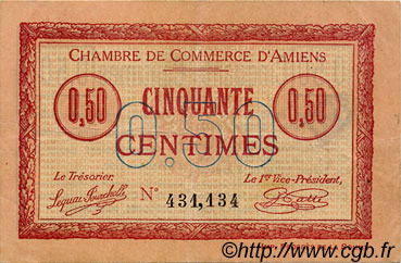 50 Centimes FRANCE regionalismo e varie Amiens 1915 JP.007.26 BB to SPL