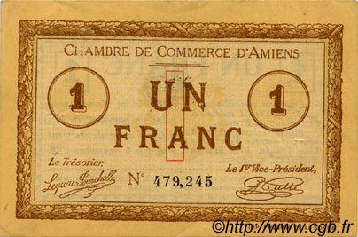 1 Franc FRANCE Regionalismus und verschiedenen Amiens 1915 JP.007.28 SS to VZ