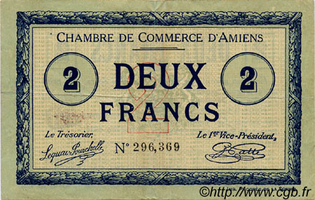 2 Francs FRANCE regionalismo e varie Amiens 1915 JP.007.31 BB to SPL