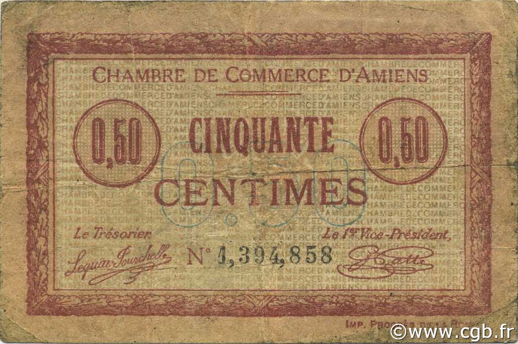 50 Centimes FRANCE regionalismo e varie Amiens 1915 JP.007.32 MB