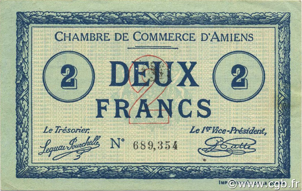 2 Francs FRANCE Regionalismus und verschiedenen Amiens 1915 JP.007.38 SS to VZ