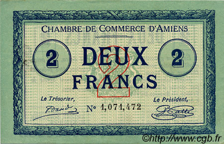 2 Francs FRANCE Regionalismus und verschiedenen Amiens 1915 JP.007.46 fST to ST