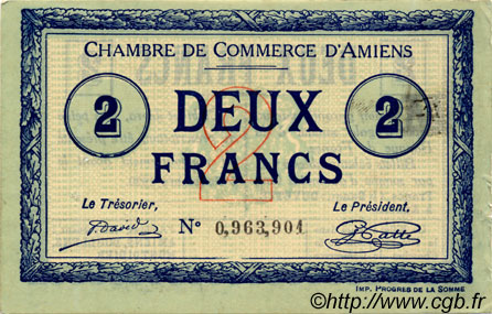 2 Francs FRANCE regionalismo e varie Amiens 1915 JP.007.46 BB to SPL