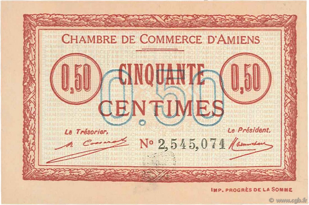 50 Centimes FRANCE regionalismo y varios Amiens 1920 JP.007.49 SC a FDC