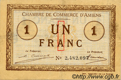 1 Franc FRANCE Regionalismus und verschiedenen Amiens 1920 JP.007.51 SS to VZ