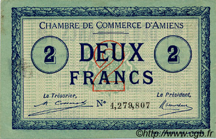 2 Francs FRANCE Regionalismus und verschiedenen Amiens 1920 JP.007.53 SS to VZ