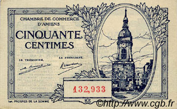 50 Centimes FRANCE regionalism and miscellaneous Amiens 1922 JP.007.55 AU+