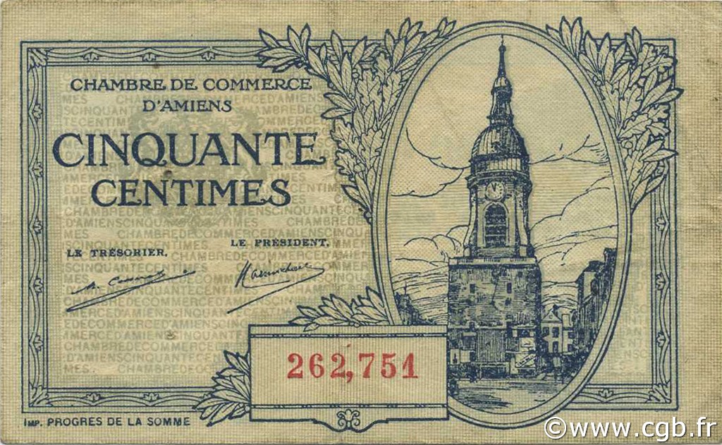 50 Centimes FRANCE Regionalismus und verschiedenen Amiens 1922 JP.007.55 S