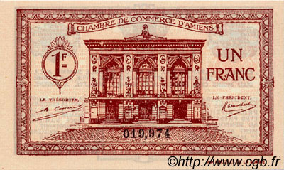 1 Franc FRANCE regionalism and various Amiens 1922 JP.007.56 AU+