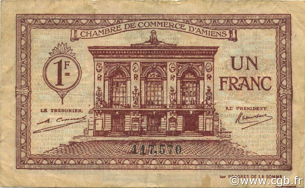 1 Franc FRANCE régionalisme et divers Amiens 1922 JP.007.56 TB