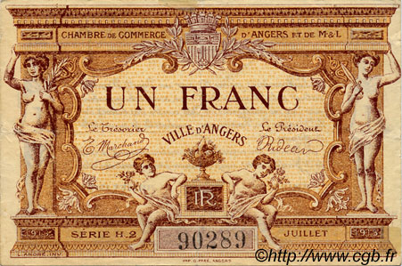 1 Franc FRANCE regionalism and miscellaneous Angers  1915 JP.008.07 VF - XF