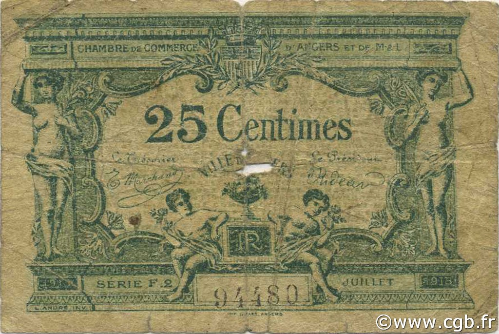 25 Centimes FRANCE Regionalismus und verschiedenen Angers  1915 JP.008.08 S