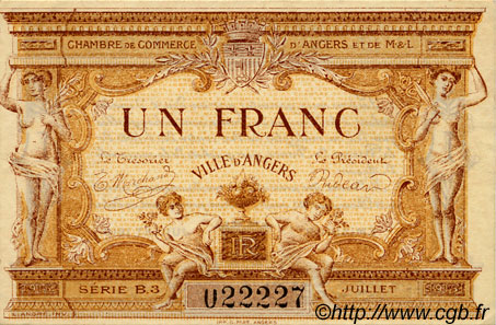 1 Franc FRANCE regionalism and miscellaneous Angers  1915 JP.008.09 AU+