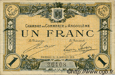 1 Franc FRANCE régionalisme et divers Angoulême 1915 JP.009.03 TB