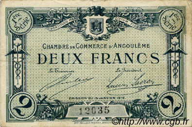 2 Francs FRANCE Regionalismus und verschiedenen Angoulême 1915 JP.009.06 S