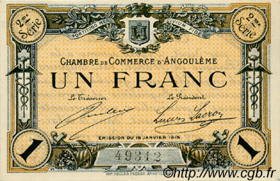 1 Franc FRANCE regionalismo y varios Angoulême 1915 JP.009.11 MBC a EBC